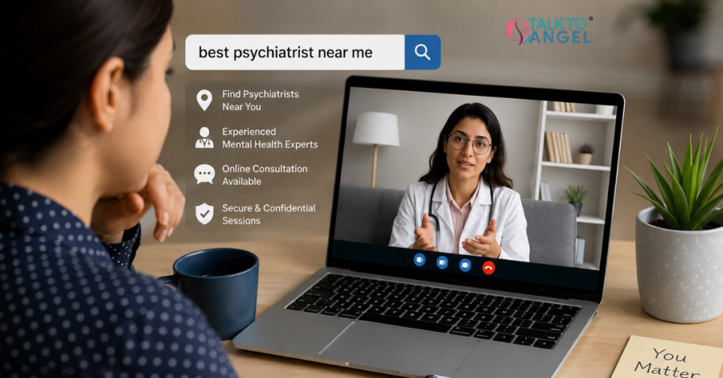 Person consulting psychiatrists online while searching for the best psychiatrist near me for mental health support.