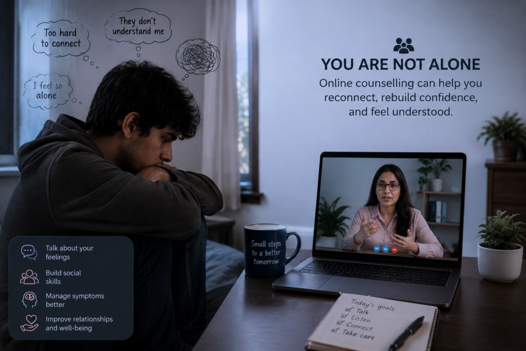 Person with schizophrenia feeling isolated while receiving online counselling support to improve social connections.