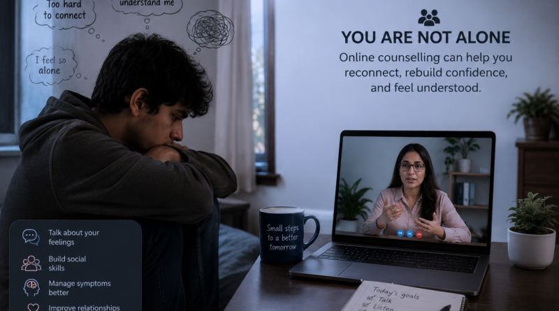 Person with schizophrenia feeling isolated while receiving online counselling support to improve social connections.