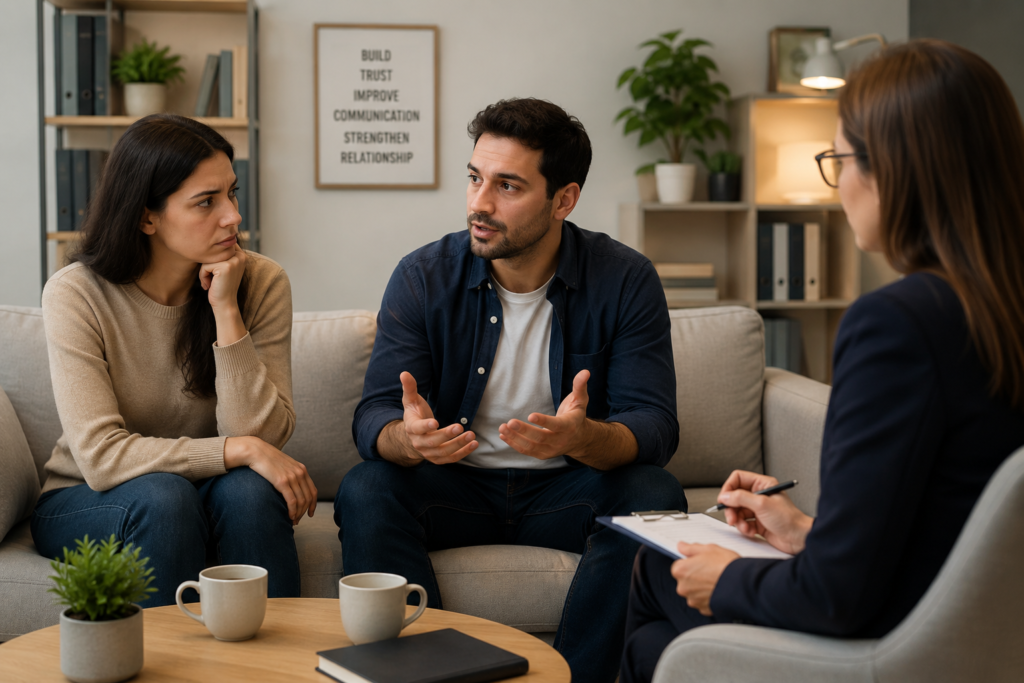 Couple counselling session discussing trust issues and rebuilding communication with a professional therapist.