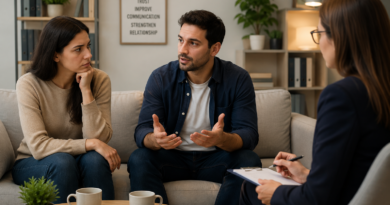 Couple counselling session discussing trust issues and rebuilding communication with a professional therapist.