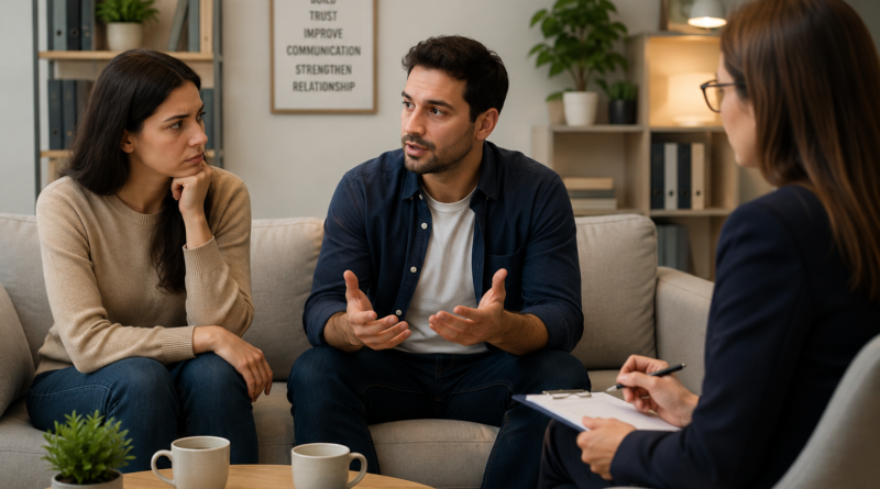 Couple counselling session discussing trust issues and rebuilding communication with a professional therapist.