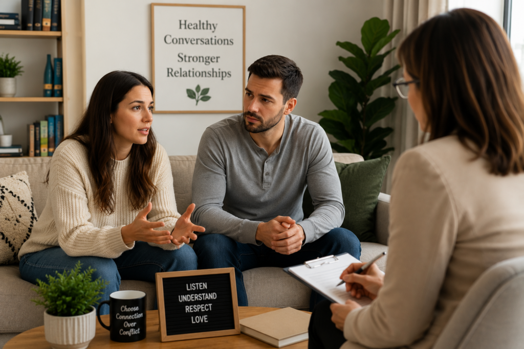 Couple attending marriage counselling session to improve communication and prevent divorce.