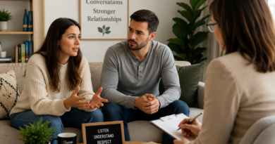 Couple attending marriage counselling session to improve communication and prevent divorce.