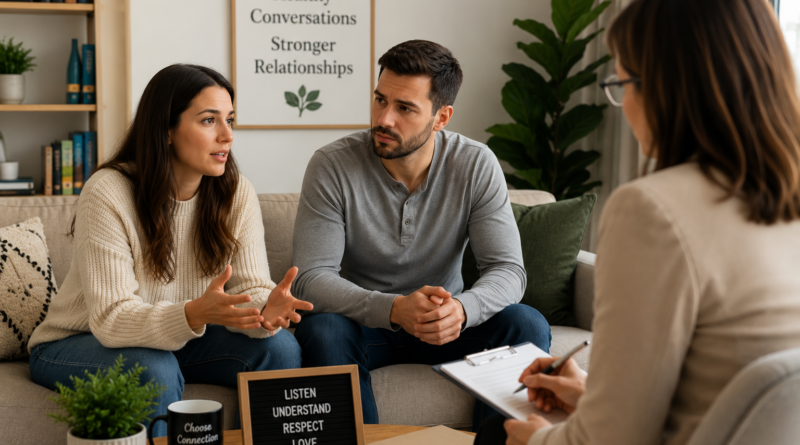 Couple attending marriage counselling session to improve communication and prevent divorce.