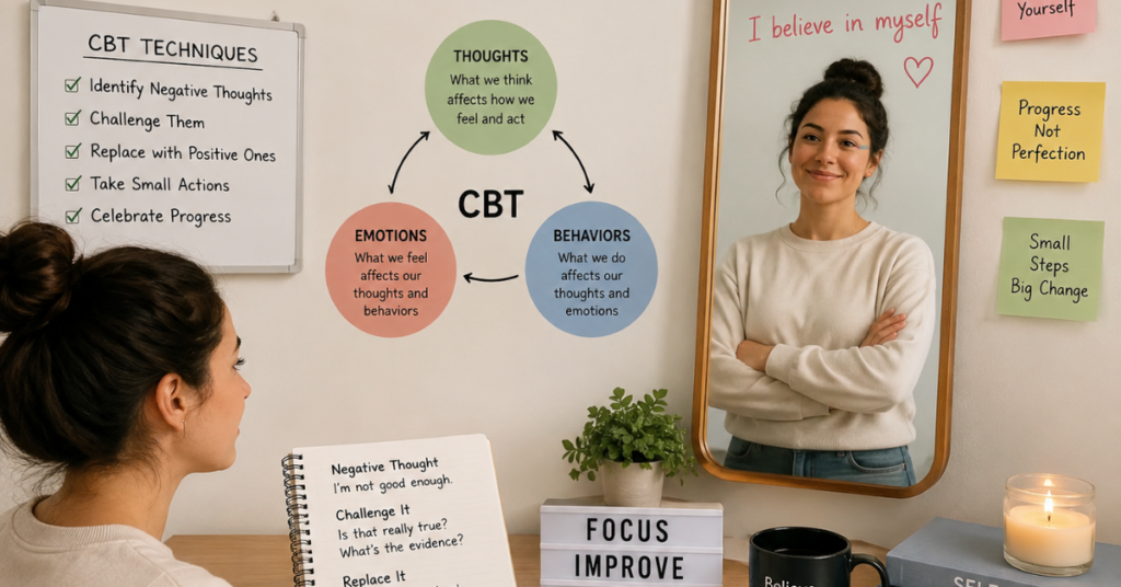 Person using CBT techniques to overcome low self-esteem and build self-confidence.