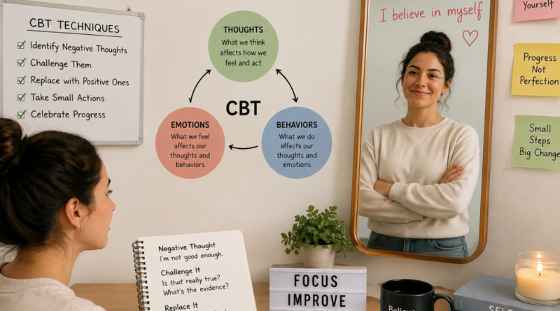 Person using CBT techniques to overcome low self-esteem and build self-confidence.