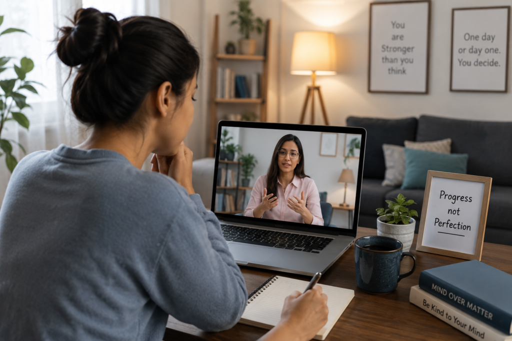 Person receiving online therapy for mental health support during a major life transition from home.