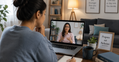 Person receiving online therapy for mental health support during a major life transition from home.