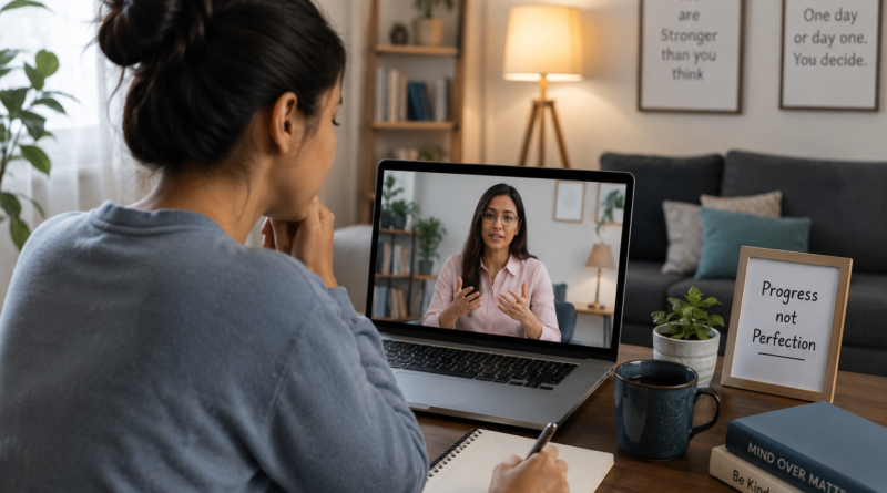 Person receiving online therapy for mental health support during a major life transition from home.