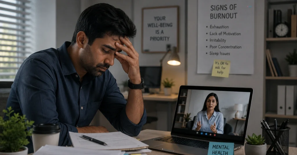 Employee experiencing workplace burnout and stress while considering online counseling for mental health support.