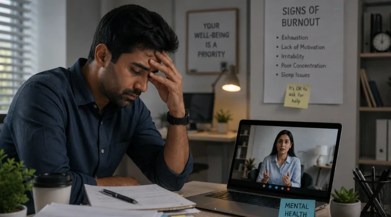 Employee experiencing workplace burnout and stress while considering online counseling for mental health support.