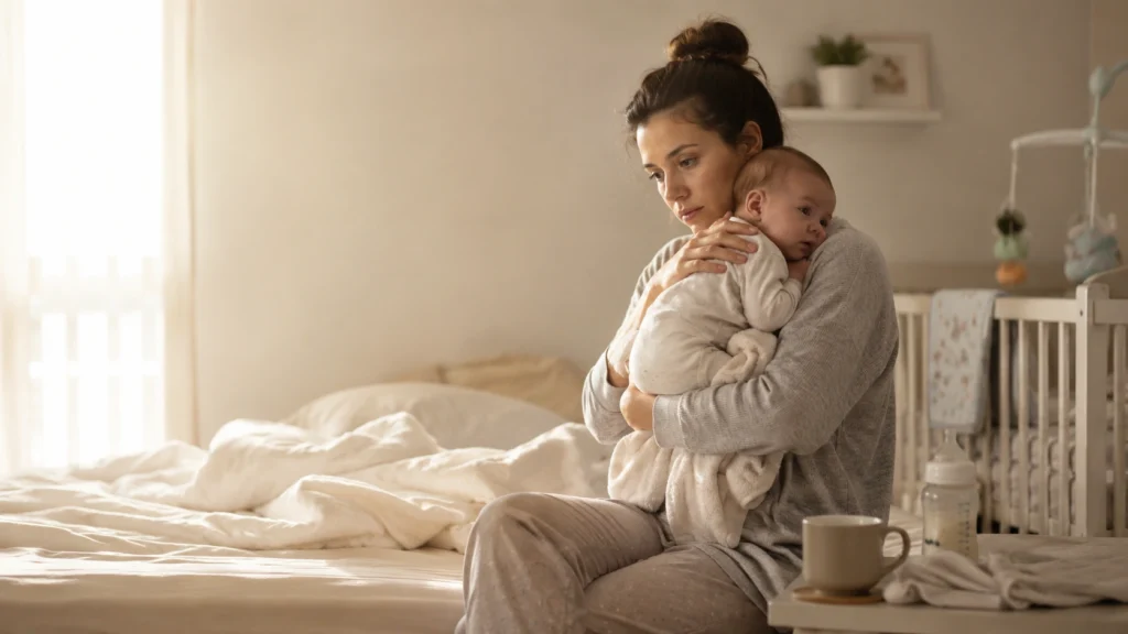 Exhausted new mother coping with postpartum depression and fatigue at home