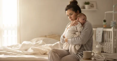Exhausted new mother coping with postpartum depression and fatigue at home