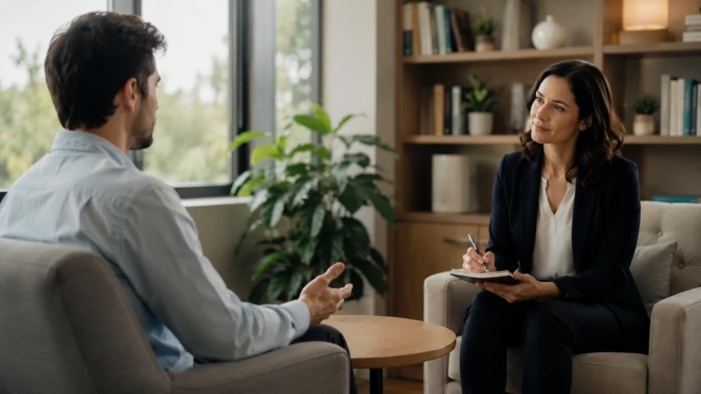 Person attending a therapy session for prescription drug addiction recovery with a psychologist in a supportive setting.