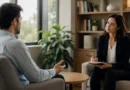 Person attending a therapy session for prescription drug addiction recovery with a psychologist in a supportive setting.