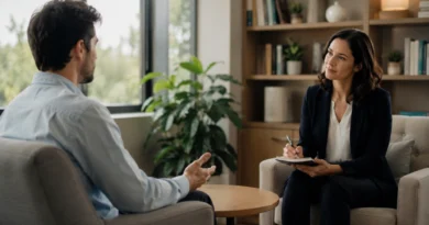 Person attending a therapy session for prescription drug addiction recovery with a psychologist in a supportive setting.