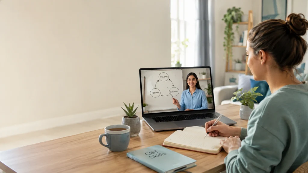 Person attending an online CBT session for anxiety with a therapist, learning practical coping techniques.