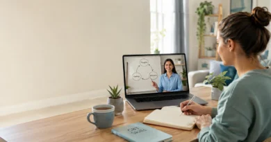 Person attending an online CBT session for anxiety with a therapist, learning practical coping techniques.