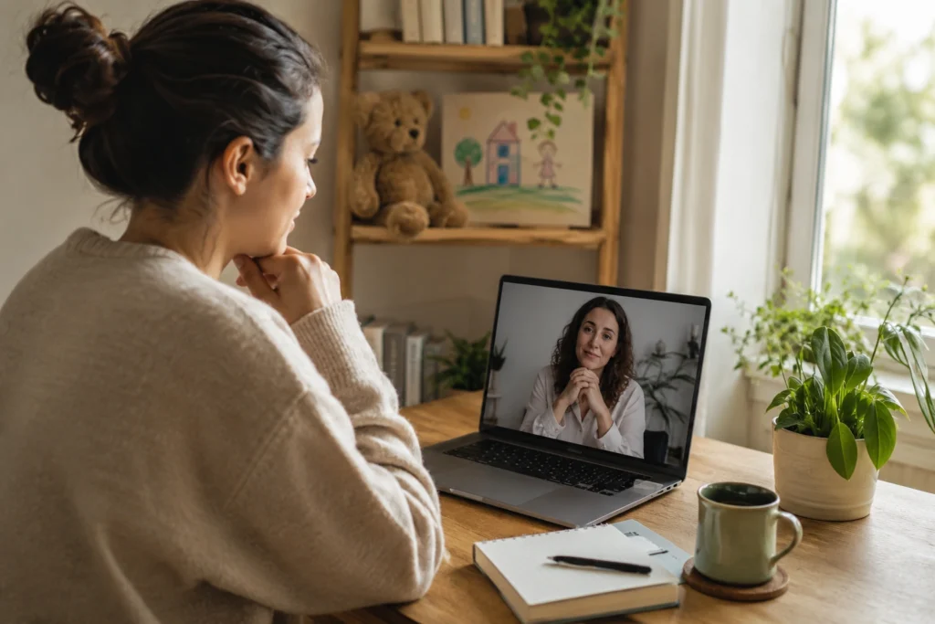 Adult reflecting on childhood trauma while receiving online counselling for anger management and emotional healing.