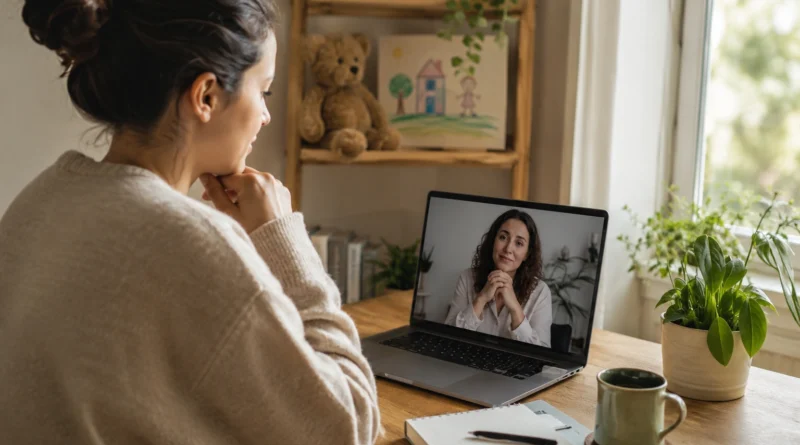 Adult reflecting on childhood trauma while receiving online counselling for anger management and emotional healing.