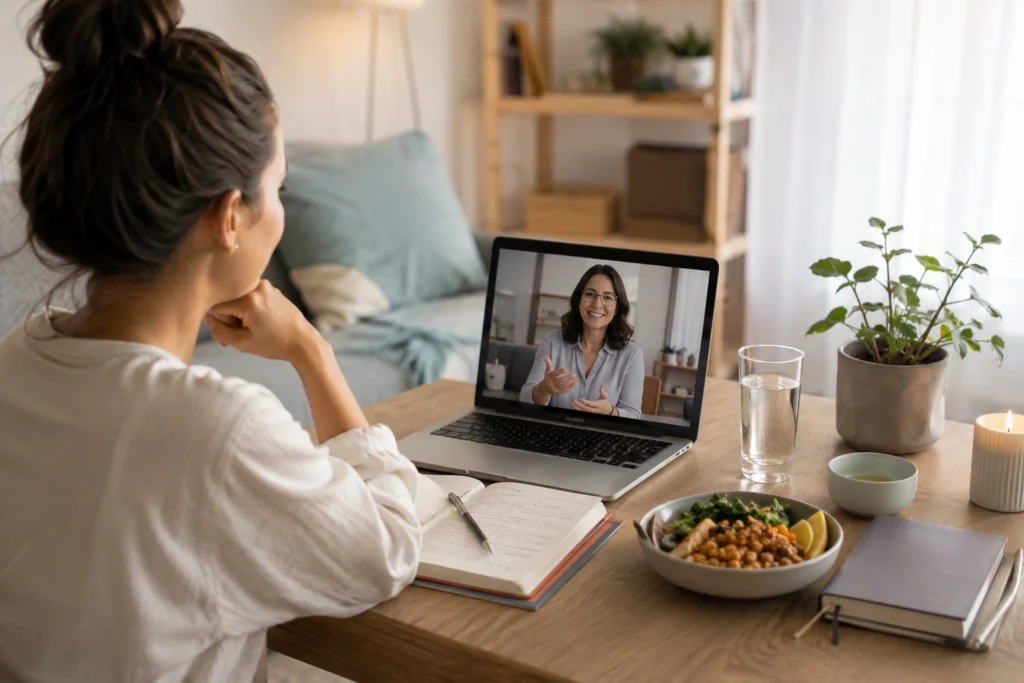 Person attending an online therapy session for eating disorder recovery with a psychologist on a laptop.