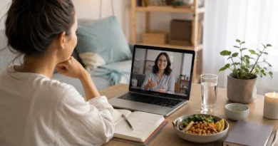 Person attending an online therapy session for eating disorder recovery with a psychologist on a laptop.