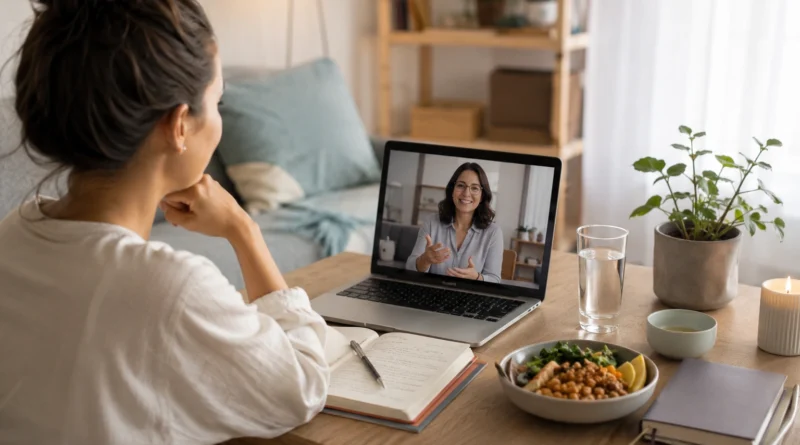Person attending an online therapy session for eating disorder recovery with a psychologist on a laptop.