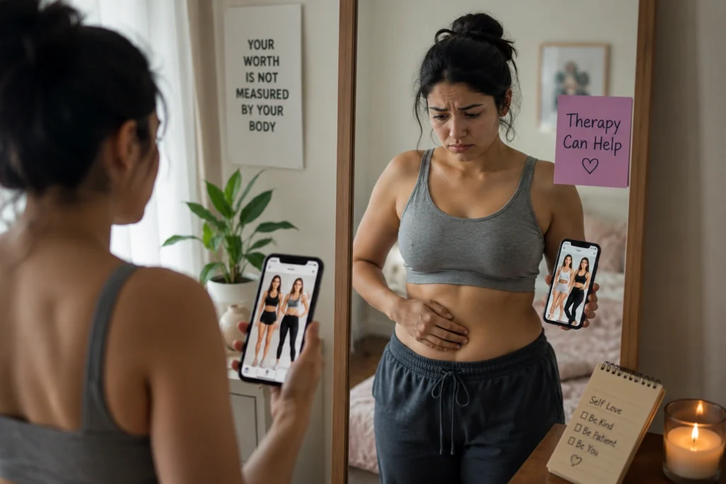 Woman comparing her body in a mirror, experiencing body image concerns and insecurity, highlighting how therapy can help.