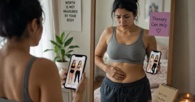 Woman comparing her body in a mirror, experiencing body image concerns and insecurity, highlighting how therapy can help.