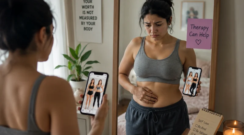 Woman comparing her body in a mirror, experiencing body image concerns and insecurity, highlighting how therapy can help.