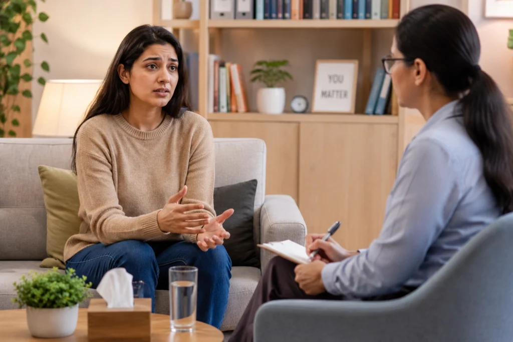 Person discussing adjustment disorder symptoms with a therapist during a supportive therapy session