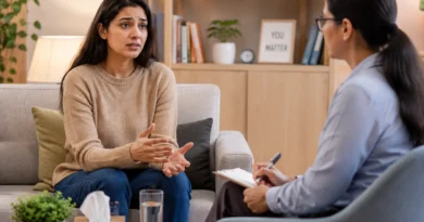 Person discussing adjustment disorder symptoms with a therapist during a supportive therapy session