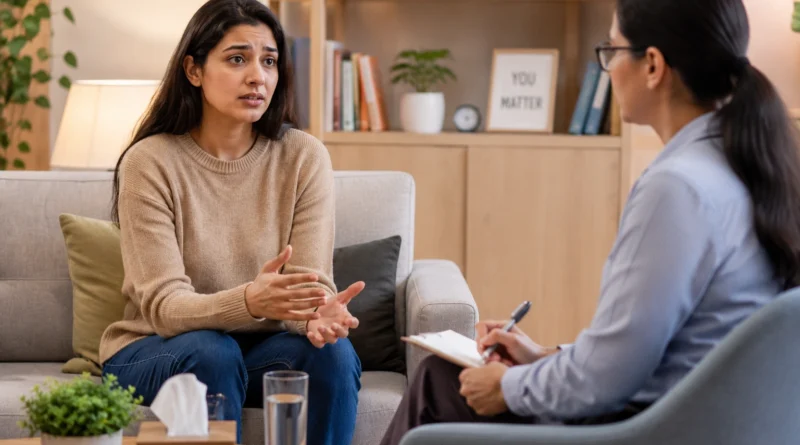 Person discussing adjustment disorder symptoms with a therapist during a supportive therapy session