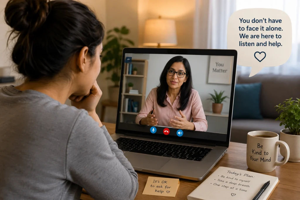 Nervous person attending an online counselling session with a therapist from the comfort of home.