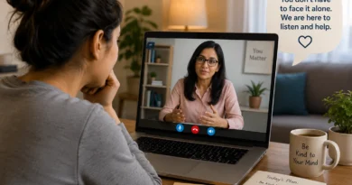 Nervous person attending an online counselling session with a therapist from the comfort of home.