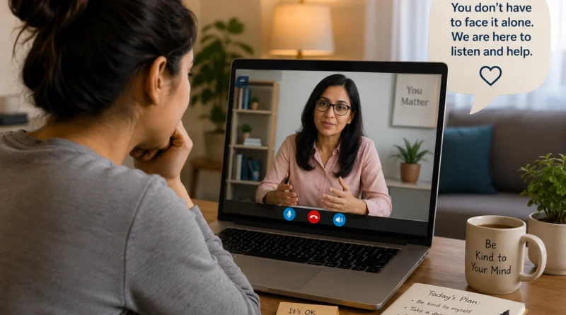 Nervous person attending an online counselling session with a therapist from the comfort of home.