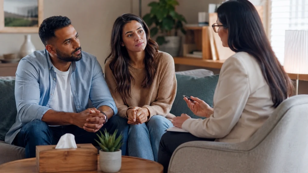 Couple discussing relationship problems with a counsellor for professional support and guidance.