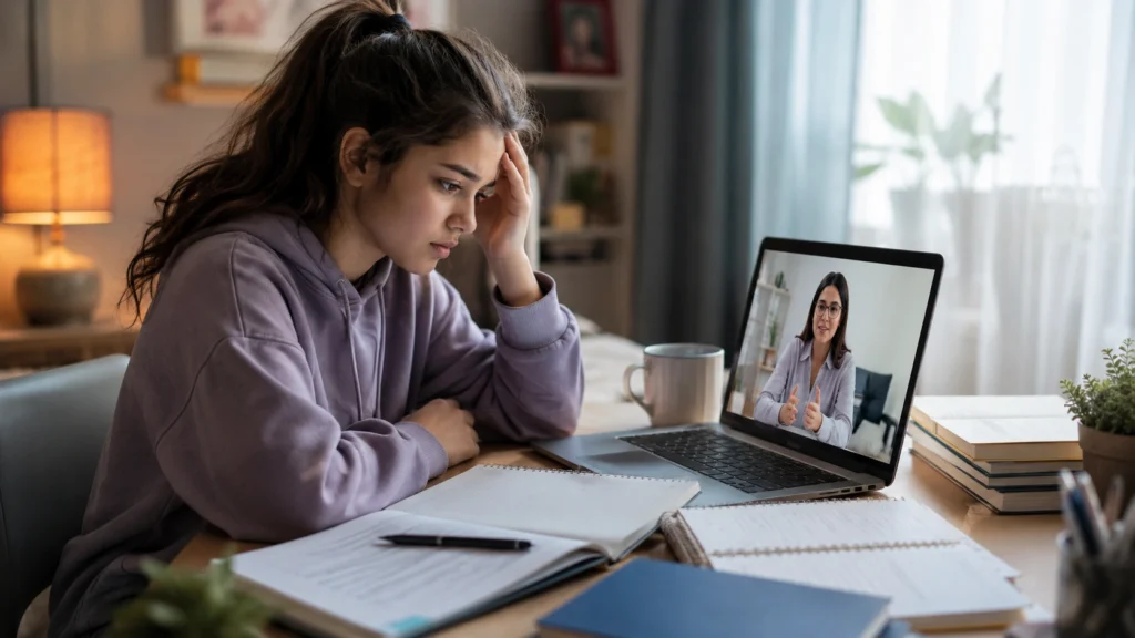 Teen feeling overwhelmed by school stress while receiving support through online therapy