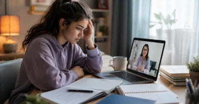 Teen feeling overwhelmed by school stress while receiving support through online therapy