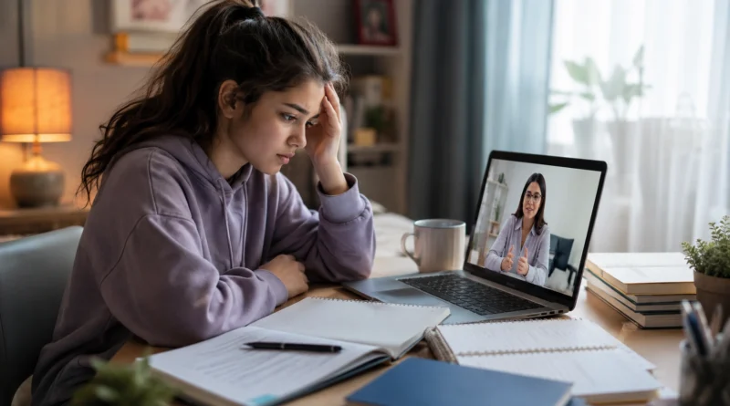 Teen feeling overwhelmed by school stress while receiving support through online therapy