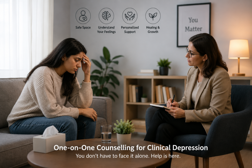 One-on-one counselling session helping a person manage clinical depression with professional emotional support.