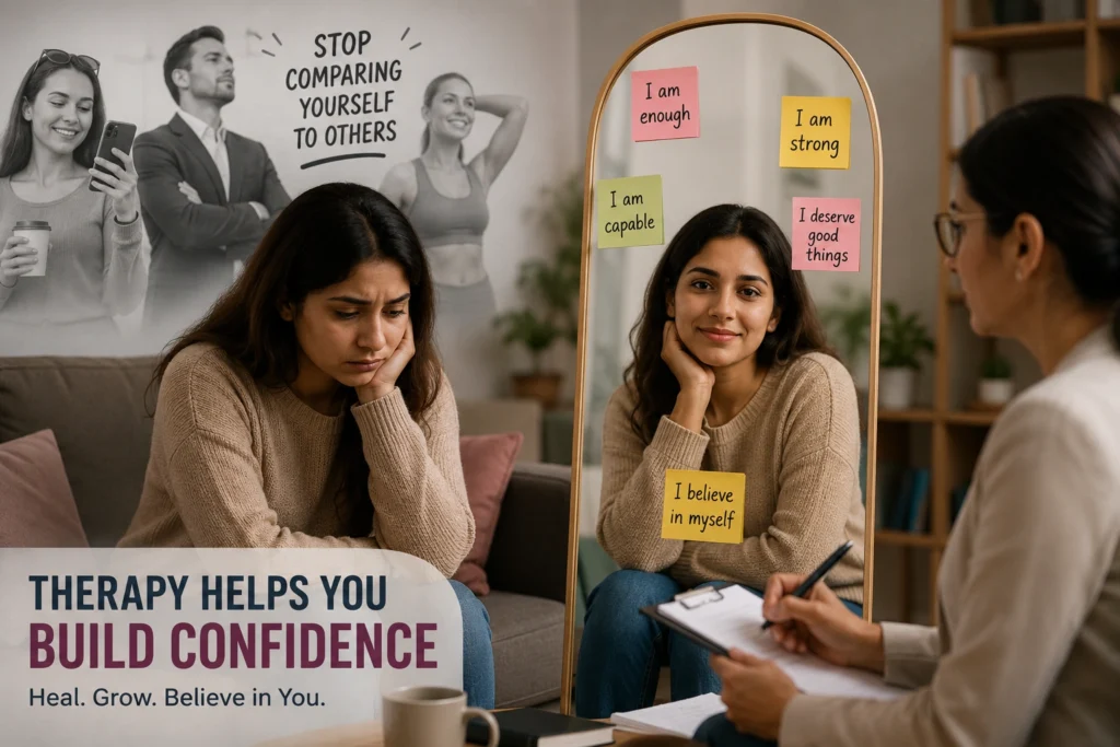 Person comparing themselves to others while struggling with low self-esteem and seeking therapy for confidence.