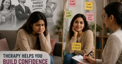 Person comparing themselves to others while struggling with low self-esteem and seeking therapy for confidence.