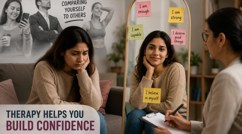 Person comparing themselves to others while struggling with low self-esteem and seeking therapy for confidence.