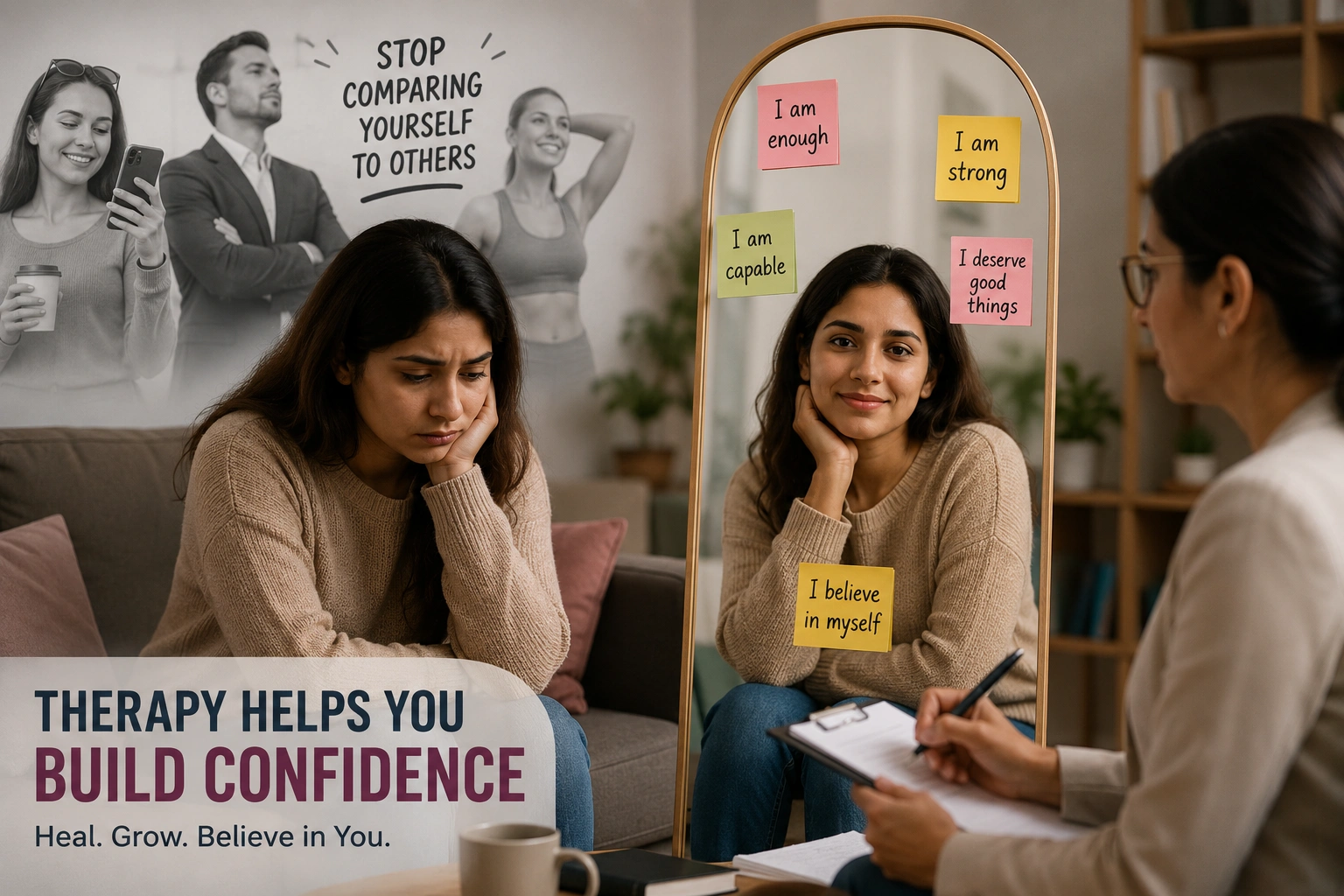 Person comparing themselves to others while struggling with low self-esteem and seeking therapy for confidence.