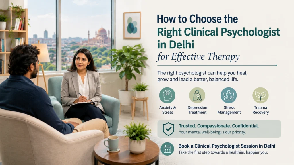 Clinical psychologist in Delhi providing mental health counselling for anxiety, depression, stress, and trauma recovery.