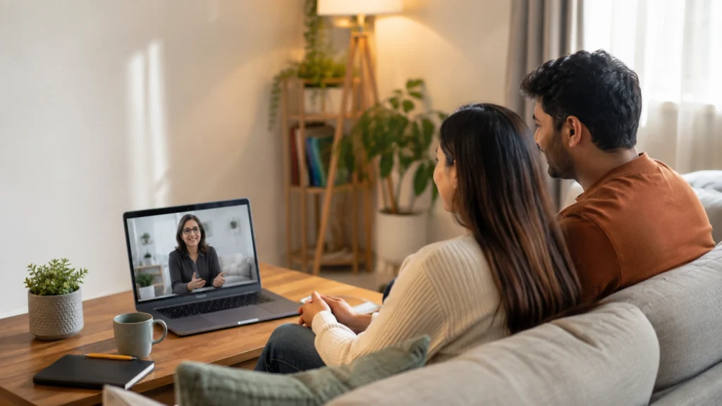 Couple attending online relationship counselling to rebuild trust and improve communication.