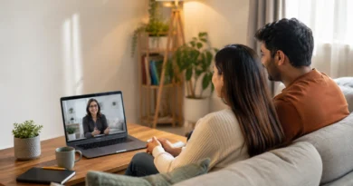 Couple attending online relationship counselling to rebuild trust and improve communication.