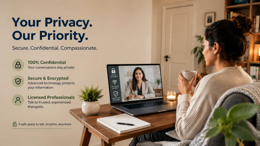 Person attending a secure online therapy session with a licensed therapist, highlighting privacy and confidentiality.
